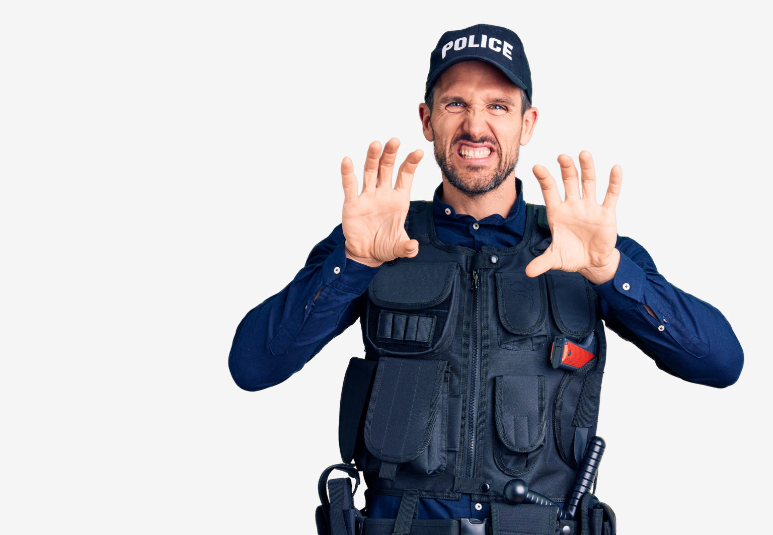 police uniform smiling funny doing claw gesture as cat, aggressive and sexy expression